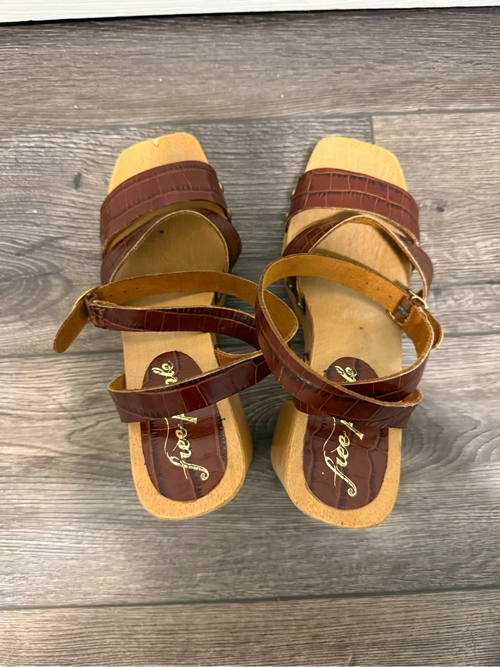 Free People Brown Leather Wood Platform Sandals Size 39